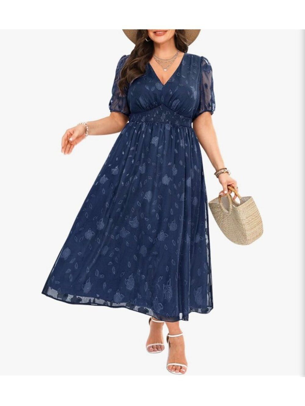 Pinup Fashion V-Neck Puff Sleeve Floral Jacquard Dress Size 22W